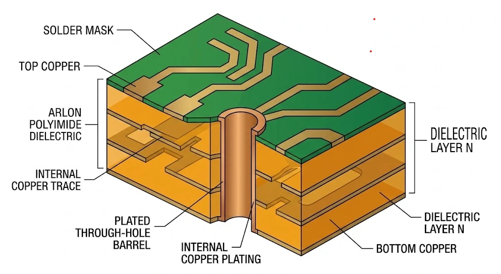 Arlon polyimide laminate cross-section under an optical microscope