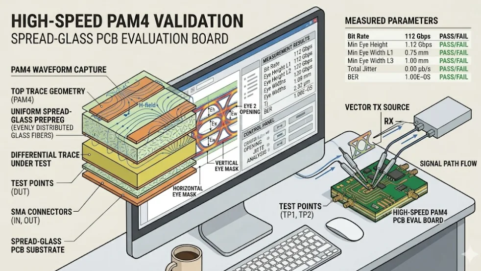 Spread-glass validation and eye-diagram testing