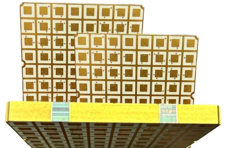 Cross-section micrograph of a Taconic and FR-4 hybrid PCB stack