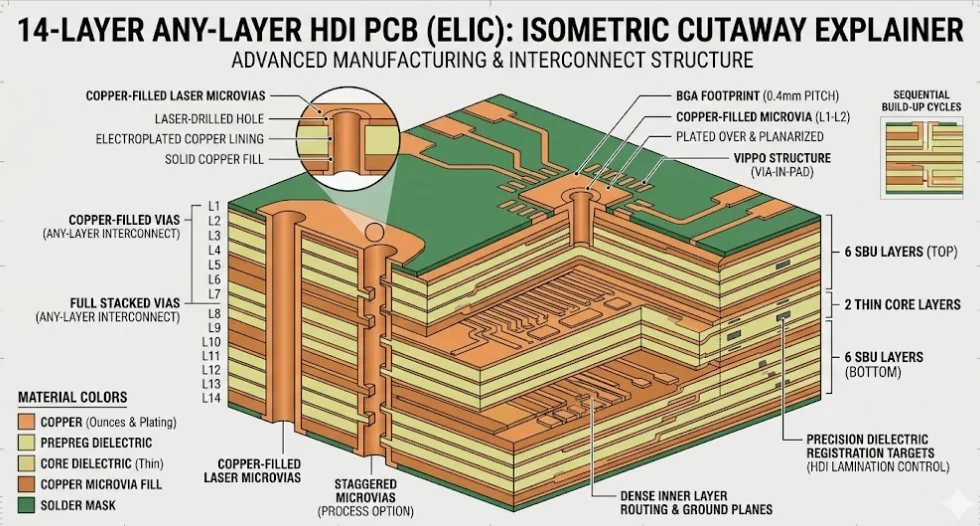 Microsection of an Any-Layer HDI PCB showing stacked laser microvias and VIPPO structures