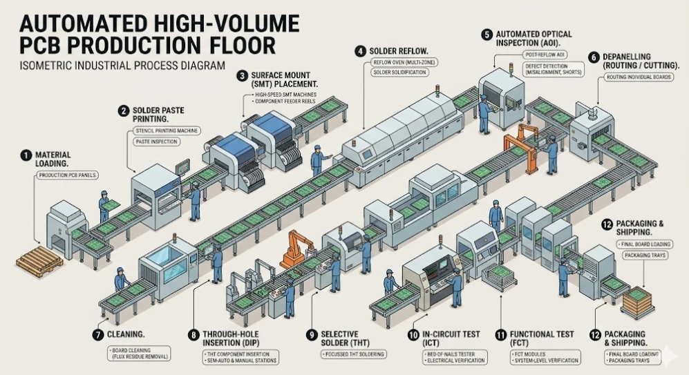 Automated high-volume PCB manufacturing floor with robotic handling