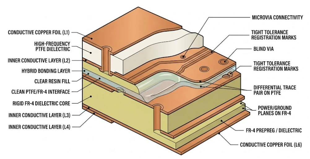 Hybrid multilayer PCB microsection showing PTFE and FR-4 lamination integrity
