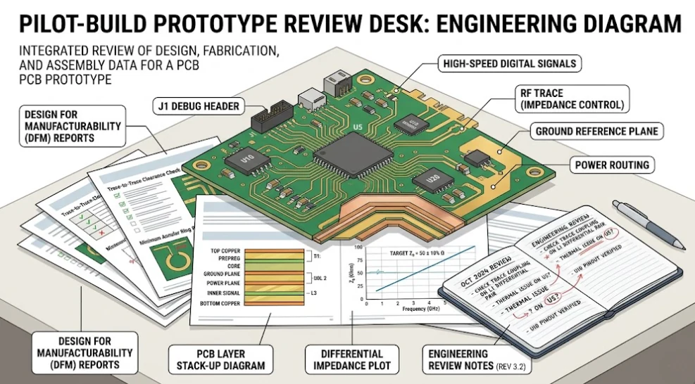 PCB prototype with DFM report and impedance printouts