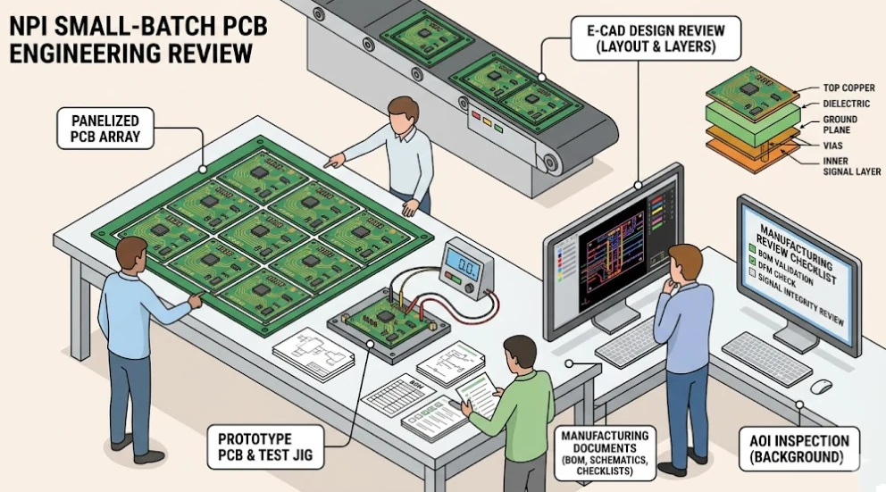 PCB engineering team reviewing a panelized NPI small batch