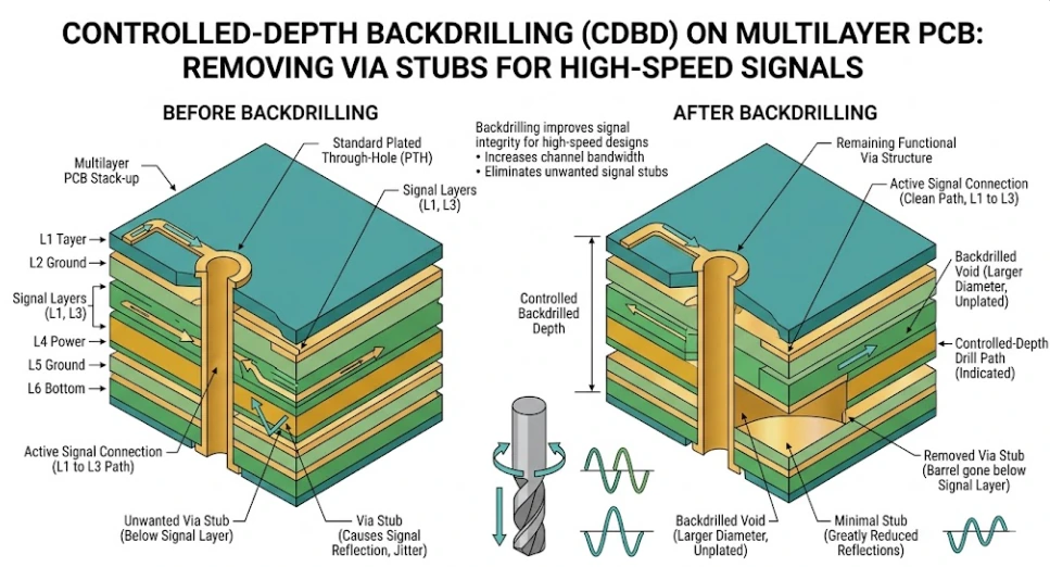 Cross-section of controlled-depth backdrilling removing a via stub below the active signal layer