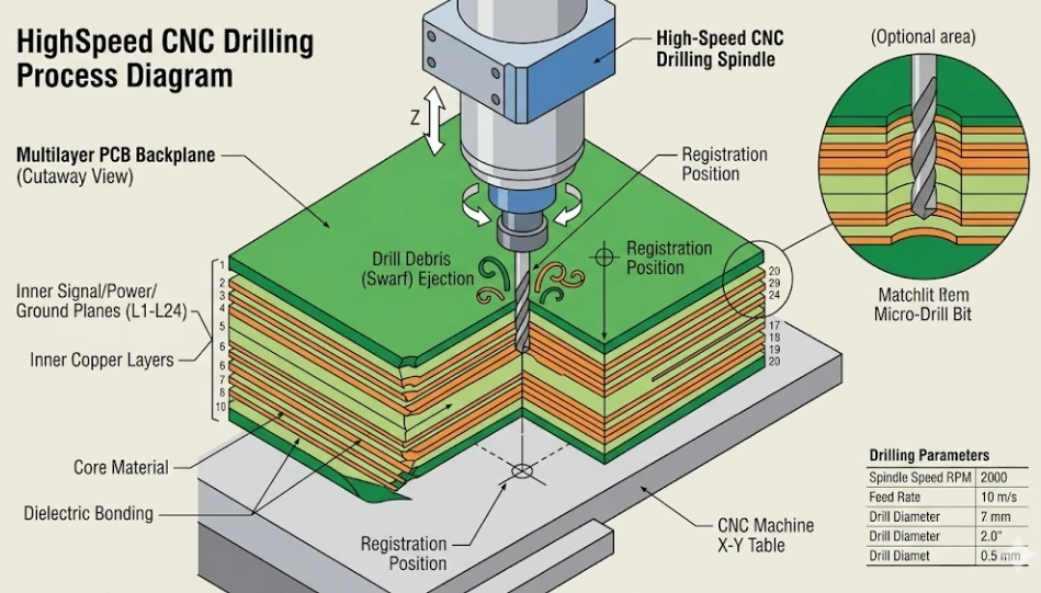 High-speed CNC drilling on a multilayer backplane with X-ray registration targeting