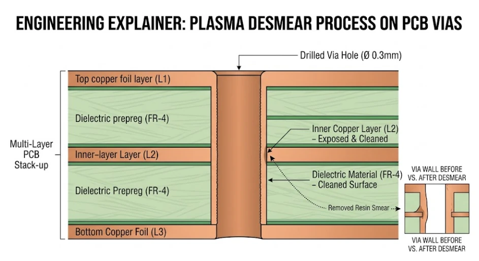 Micrograph of a drilled via wall after plasma desmear treatment
