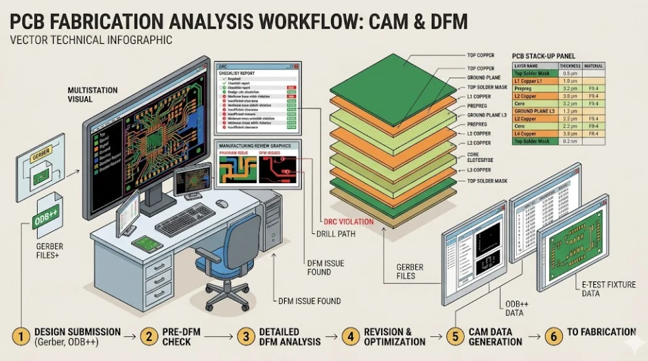 CAM engineering interface performing DFM analysis and etch compensation on a multilayer PCB design