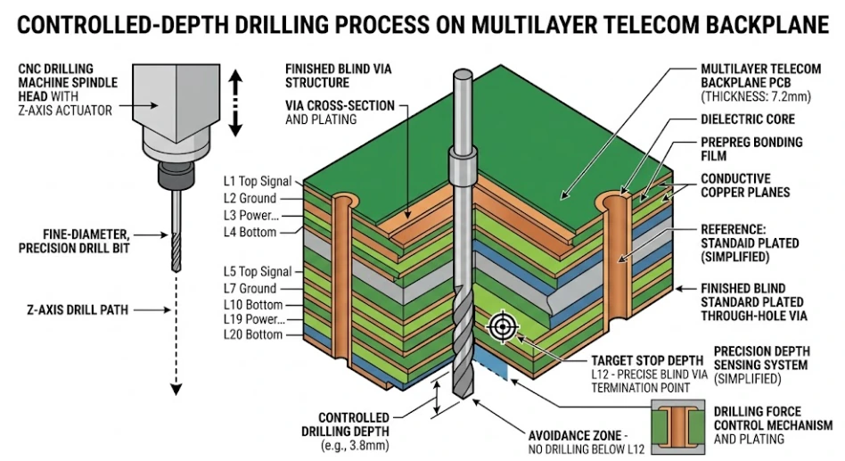 Controlled-depth CNC drilling on a telecom backplane with X-ray registration