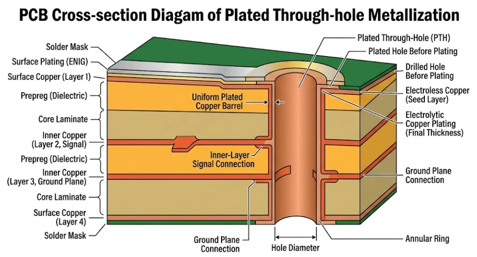 Cross-section of a high-aspect-ratio through-hole after pulse-reverse copper plating