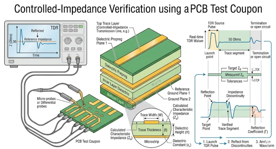 TDR oscilloscope verifying a controlled impedance PCB test coupon