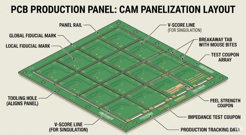 CAM panelization layout with depaneling method constraints and assembly rails