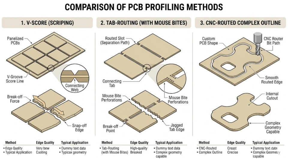 Panel array showing multiple PCB depaneling methods on one production platform