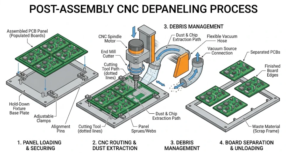 Automated post-assembly PCB depaneling station with CNC or laser singulation