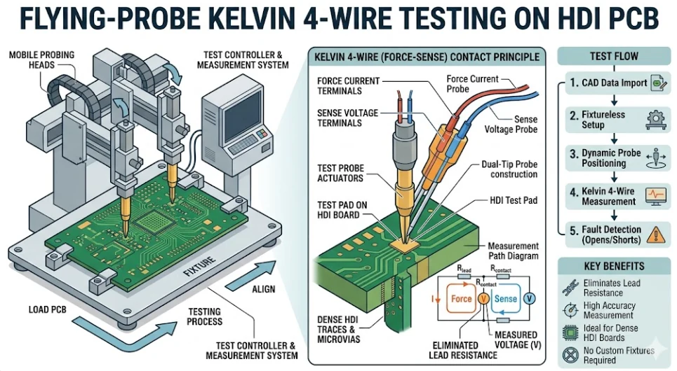 Flying probe tester performing Kelvin 4-wire electrical testing on an HDI PCB