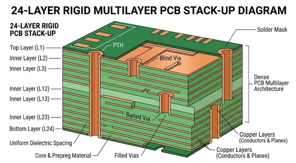 Cross-section microsection of a 24-layer high-speed PCB