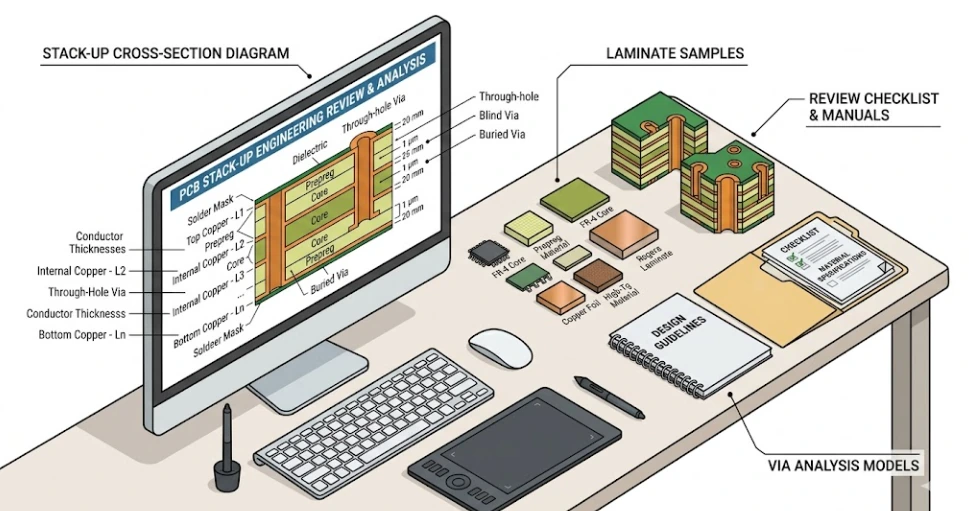 CAM engineer reviewing a detailed stack-up cross-section diagram