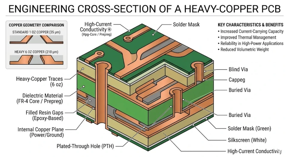 Heavy copper PCB cross-section showing fully filled resin gaps