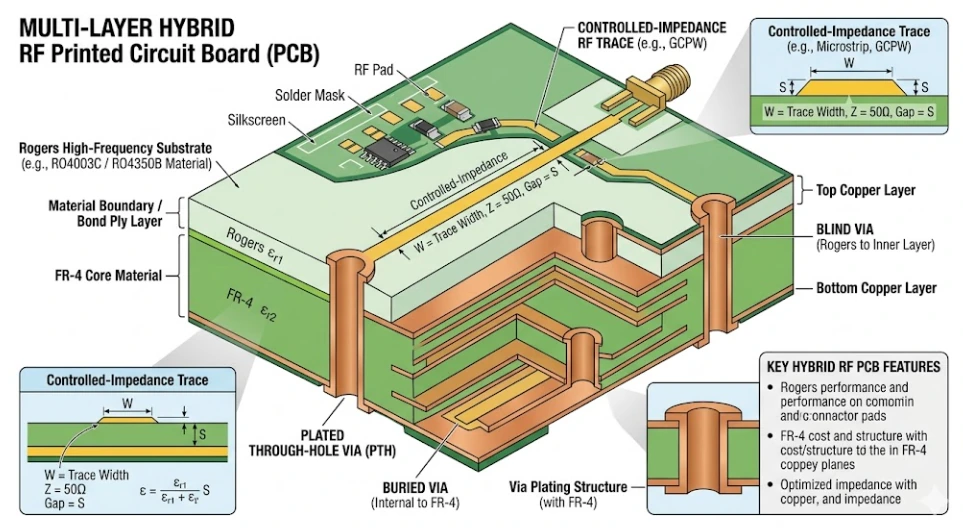 Hybrid RF and FR-4 PCB showing the Rogers top layer