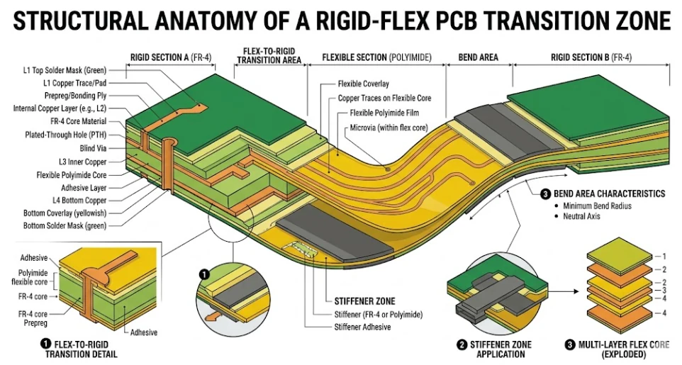 Rigid-flex PCB showing the transition between rigid FR-4 and flexible polyimide