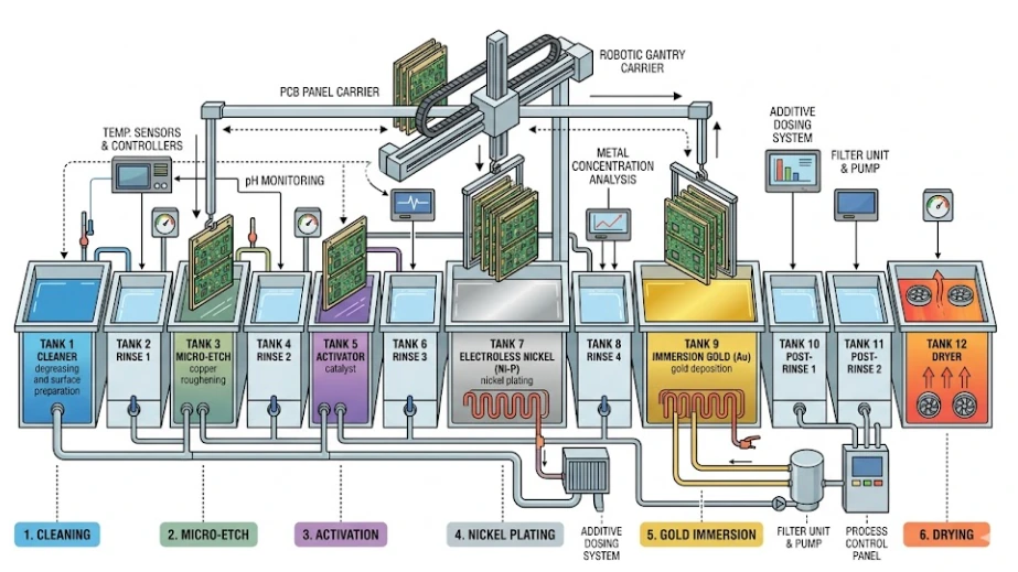 Surface finish chemistry line with automated ENIG processing and monitoring