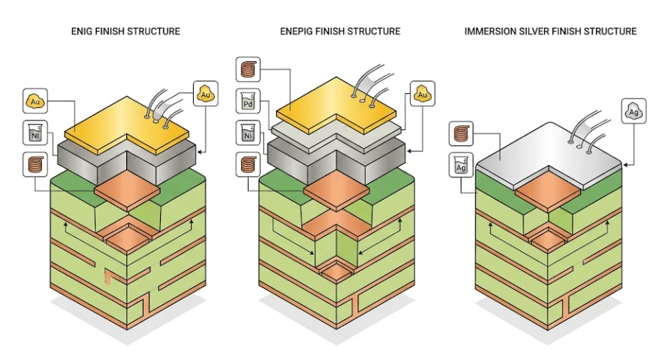 Surface finish cross-section diagram showing ENIG, ENEPIG, and immersion silver plating layers