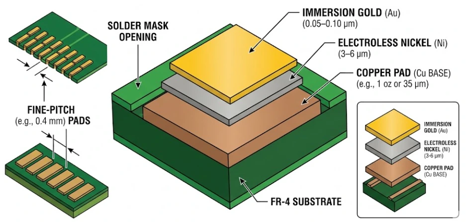 ENIG surface finish close-up on fine-pitch multilayer PCB pads