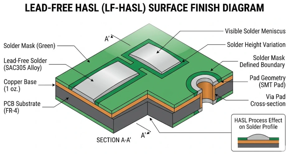 LF-HASL surface finish showing solder-coated PCB pads
