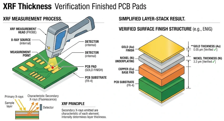 XRF measurement station verifying PCB surface finish thickness