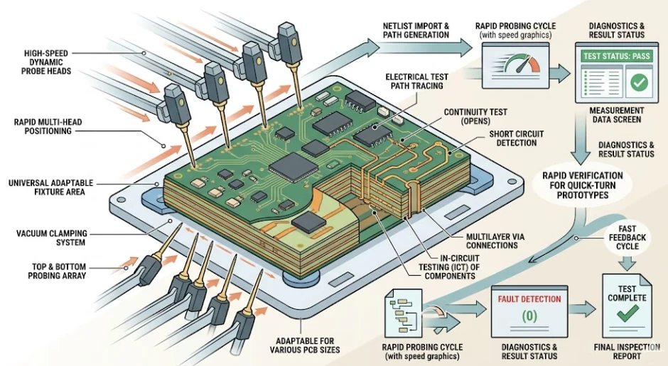 Flying probe testing on a quick-turn multilayer PCB