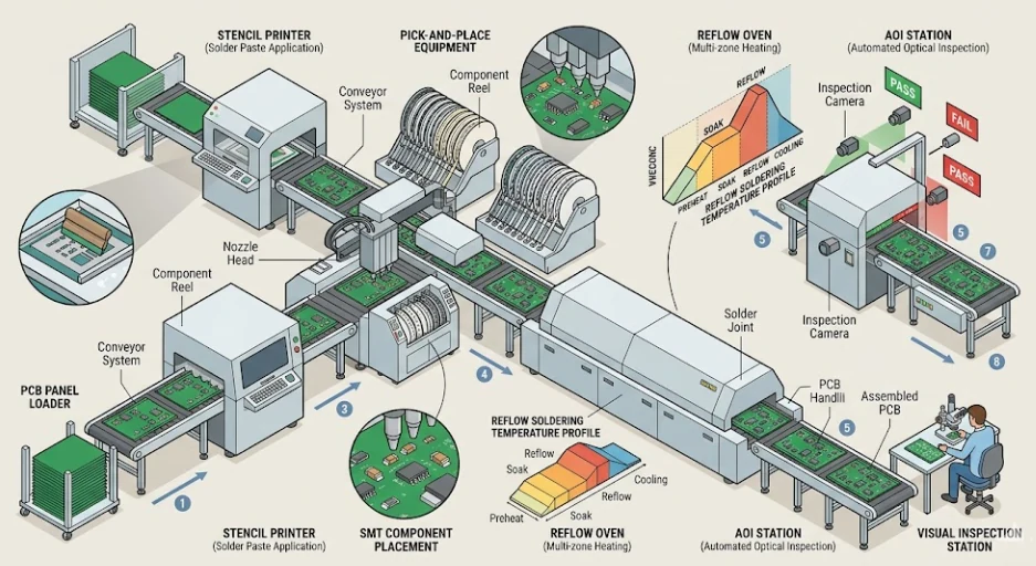 Rapid SMT assembly line for quick-turn PCB builds