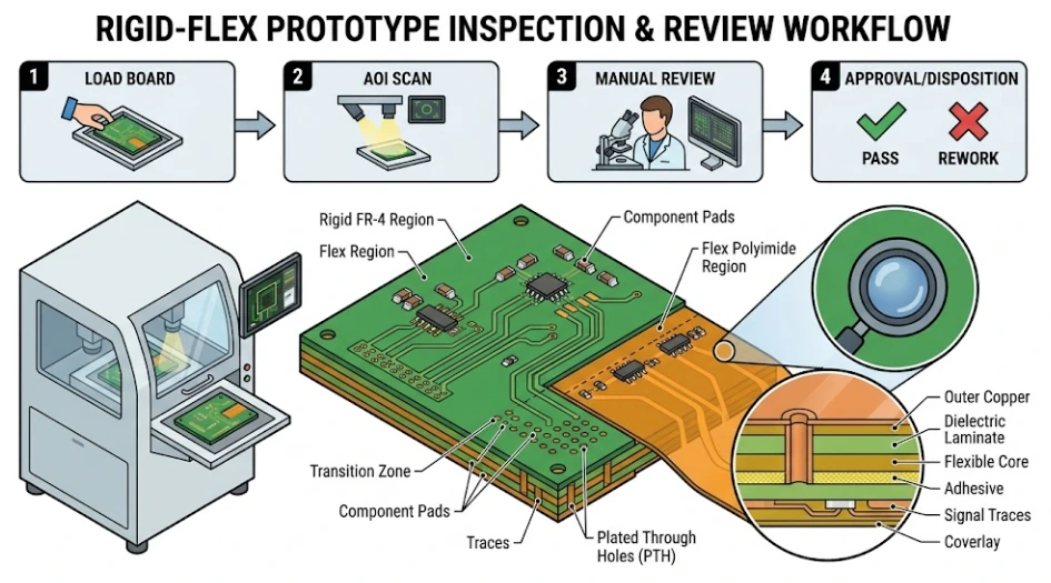 Engineer inspecting a quick-turn rigid-flex prototype