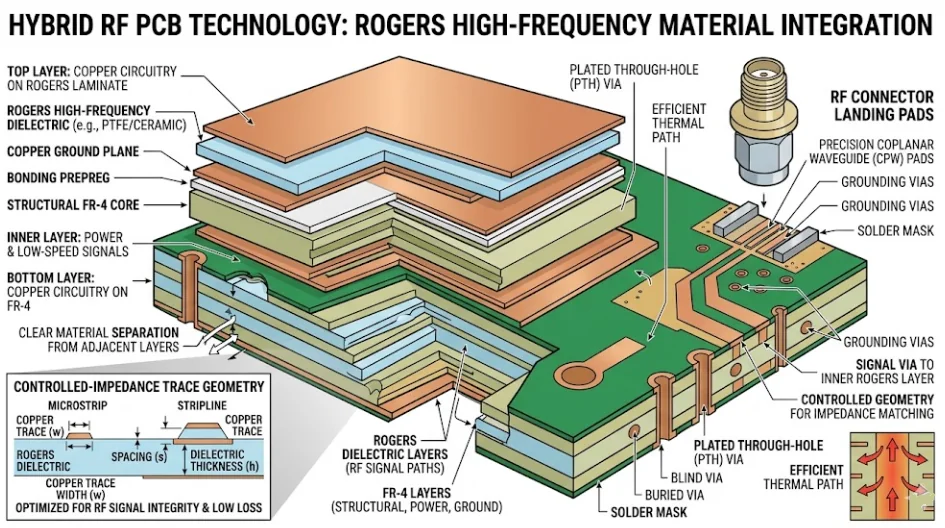 High-frequency PCB with hybrid Rogers and FR-4 stack-up