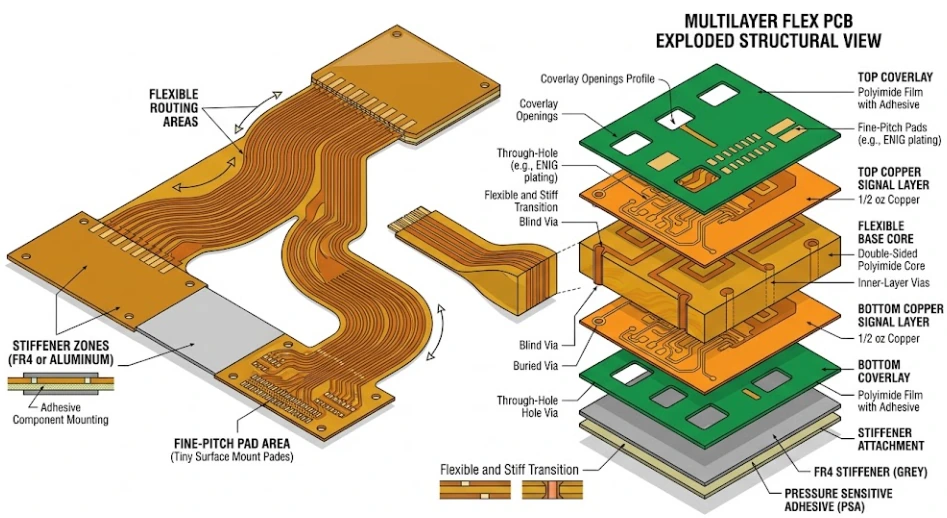 Flexible PCB with polyimide substrate, coverlay openings, and stiffener areas
